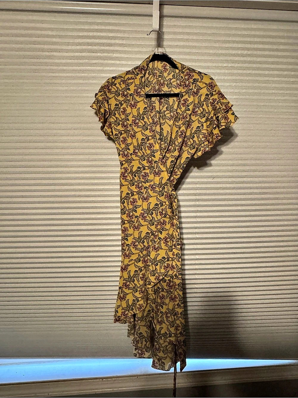 Max Studio Yellow Floral Ruffle Flutter Sleeve Wrap Midi Dress